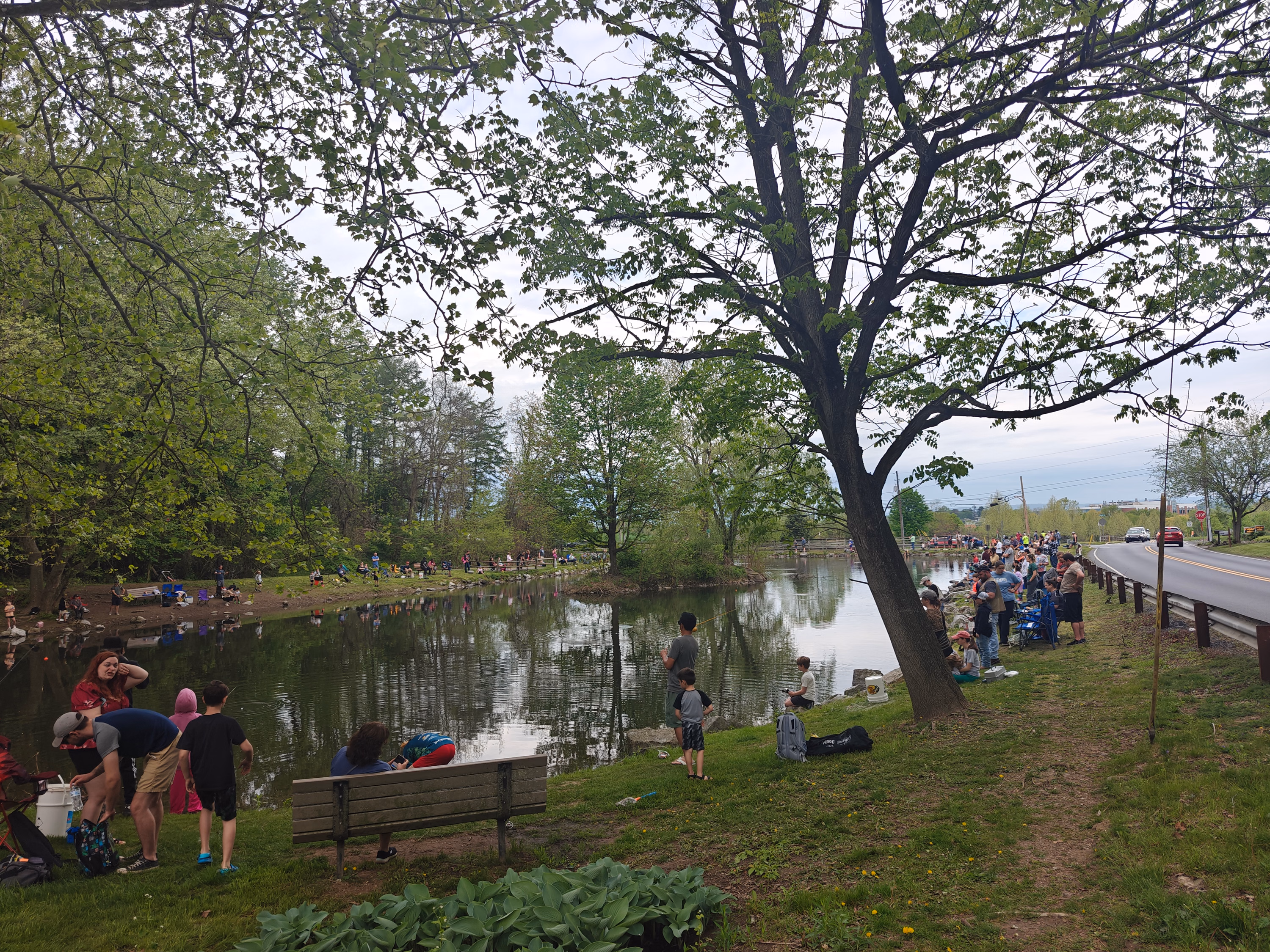 People relax and fish around a neighborhood pond on a spring morning.