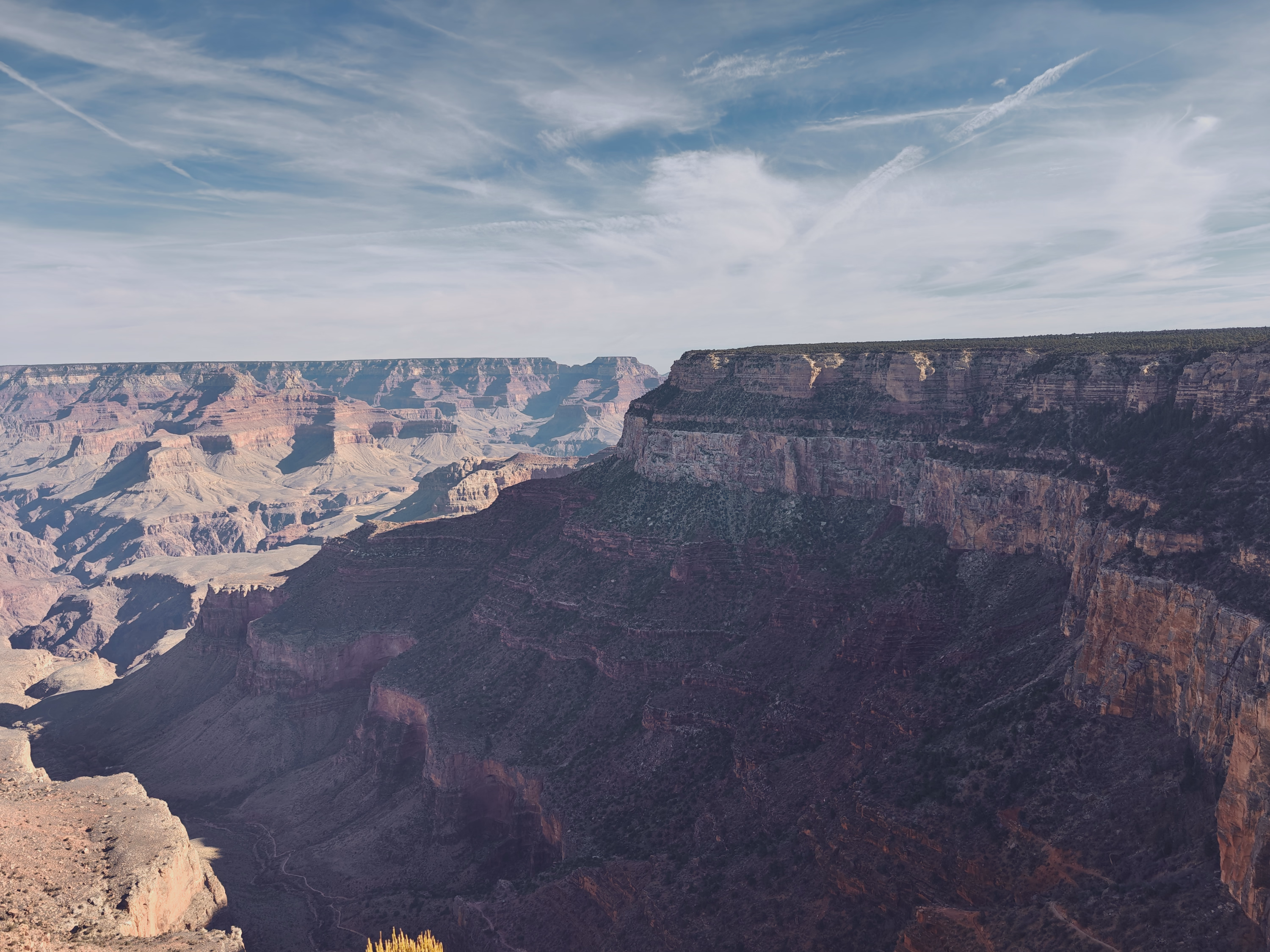 A vast Grand Canyon wall falls into cool shadow beneath streaming white cloud.