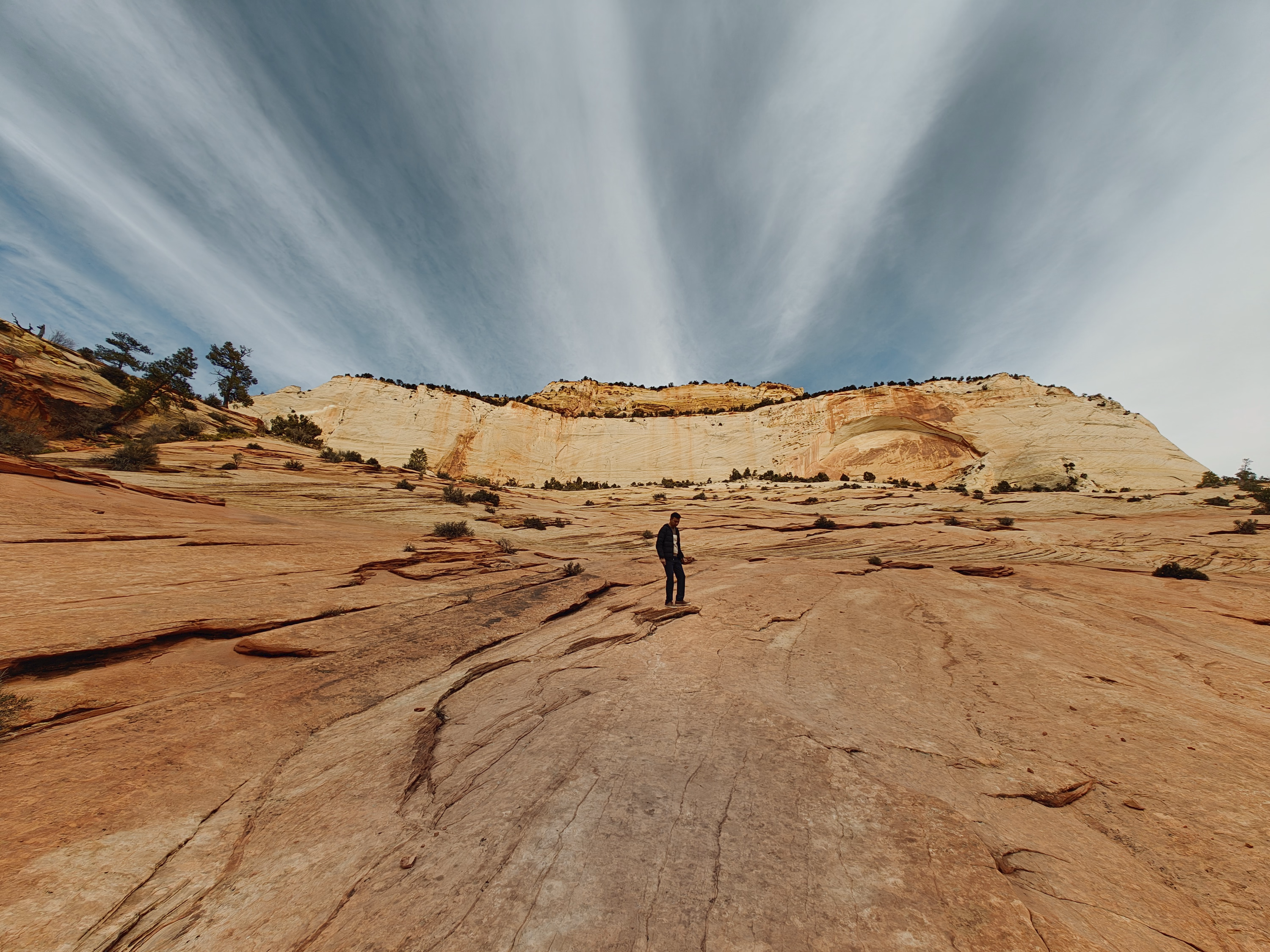 One person stands on a vast striped Zion sandstone floor beneath a streaked winter sky.
