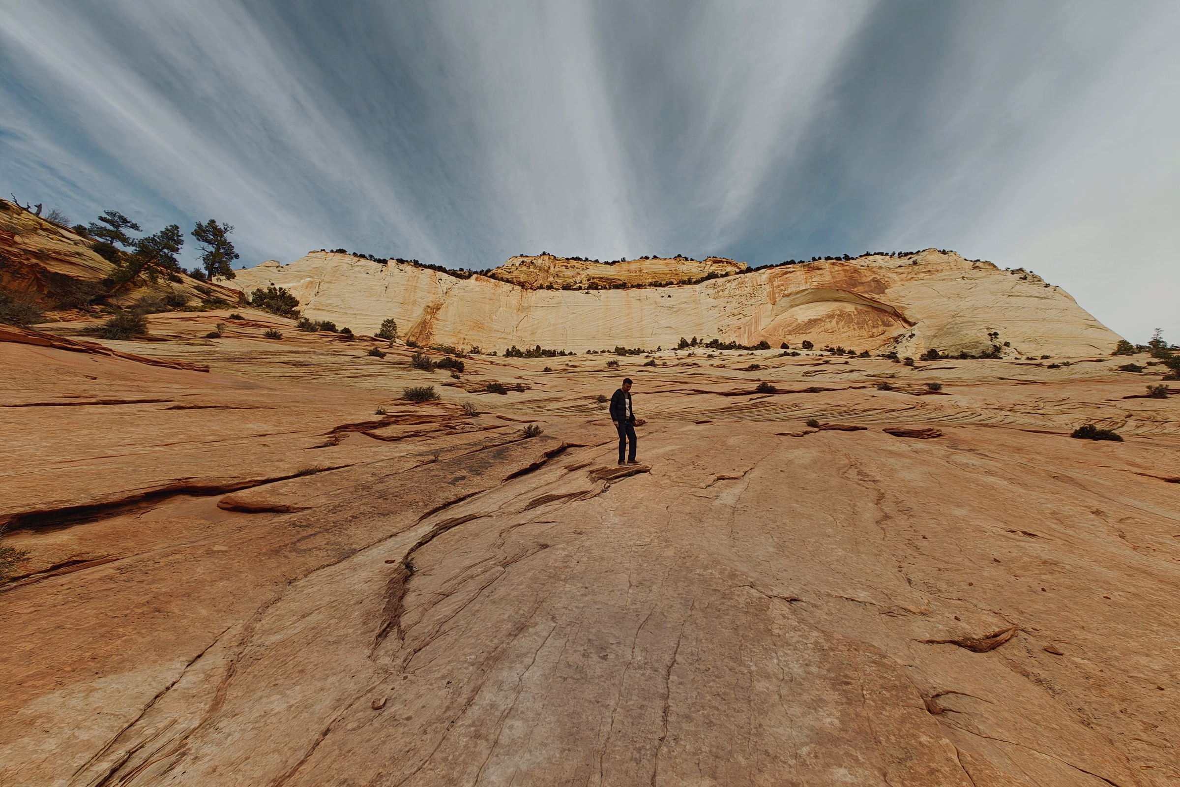 One person stands on a vast striped Zion sandstone floor beneath a streaked winter sky.