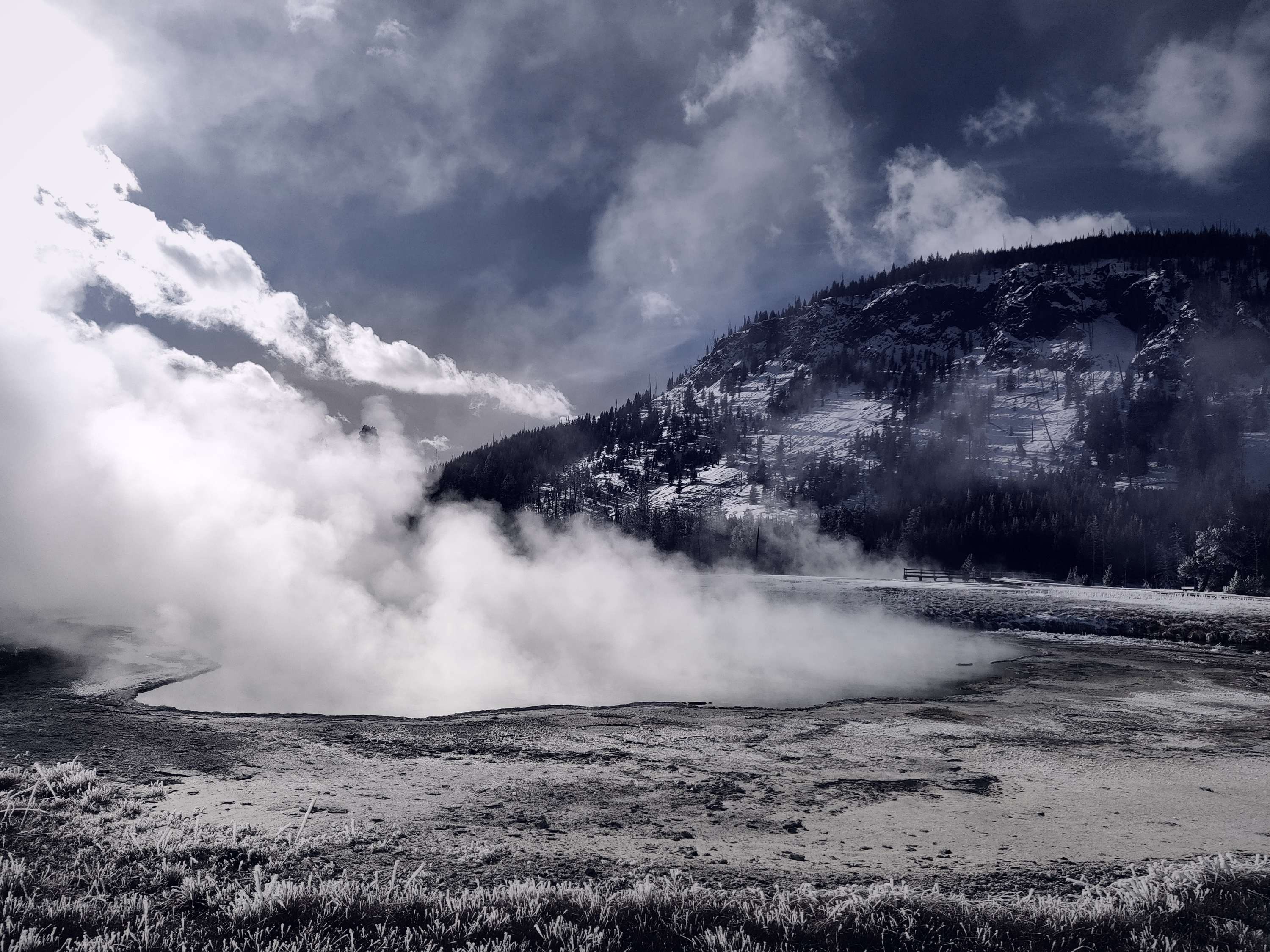Dense steam rolls across a dark pool toward a snow-covered forested hill.