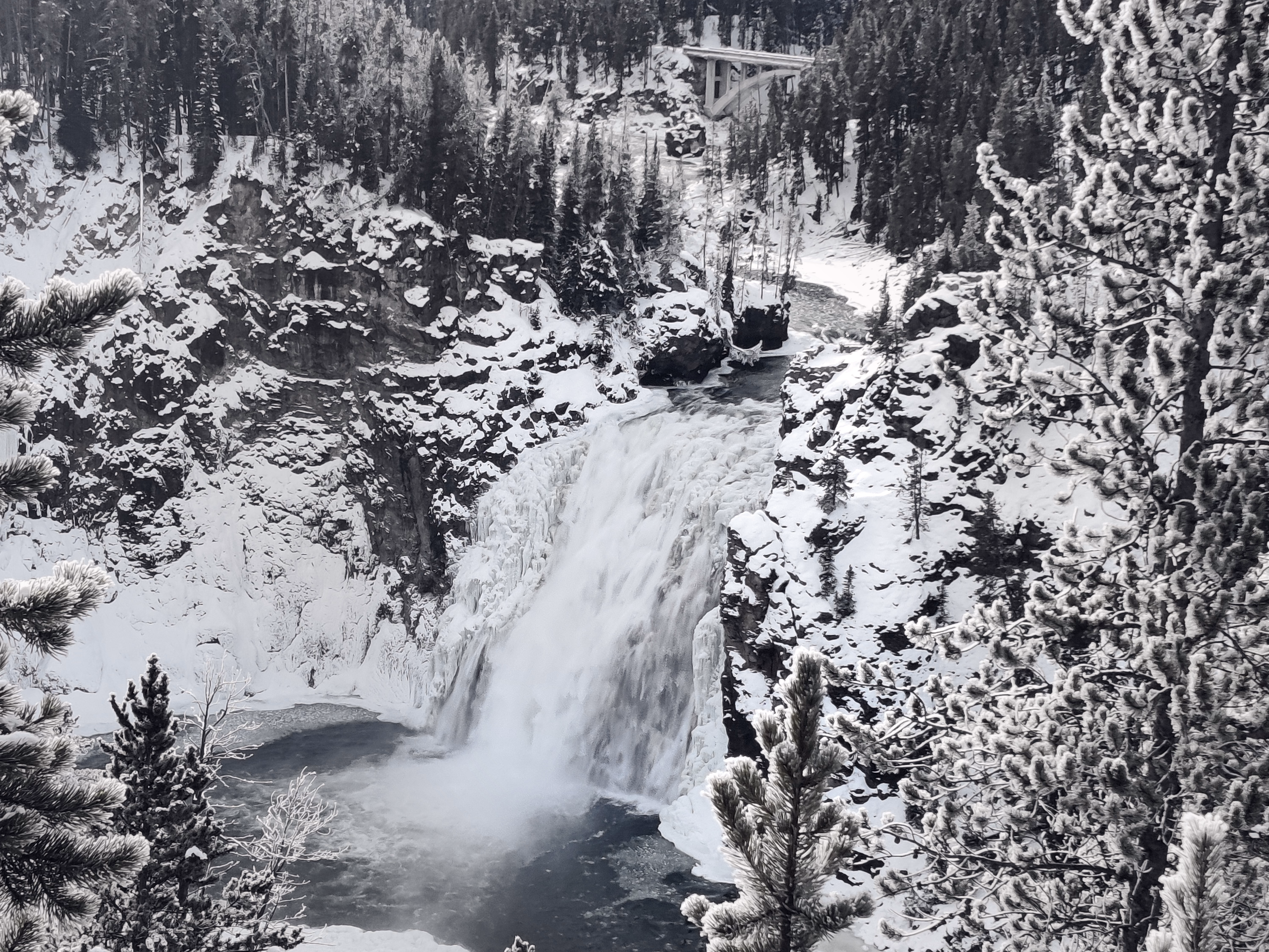 A partly frozen waterfall descends through snow-heavy pine branches into blue-green water.